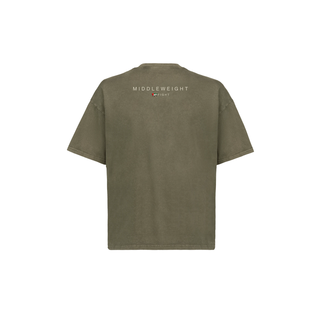 971 Core Tee, Boxy, in Vintage Olive, back, with the weight class print below the collar