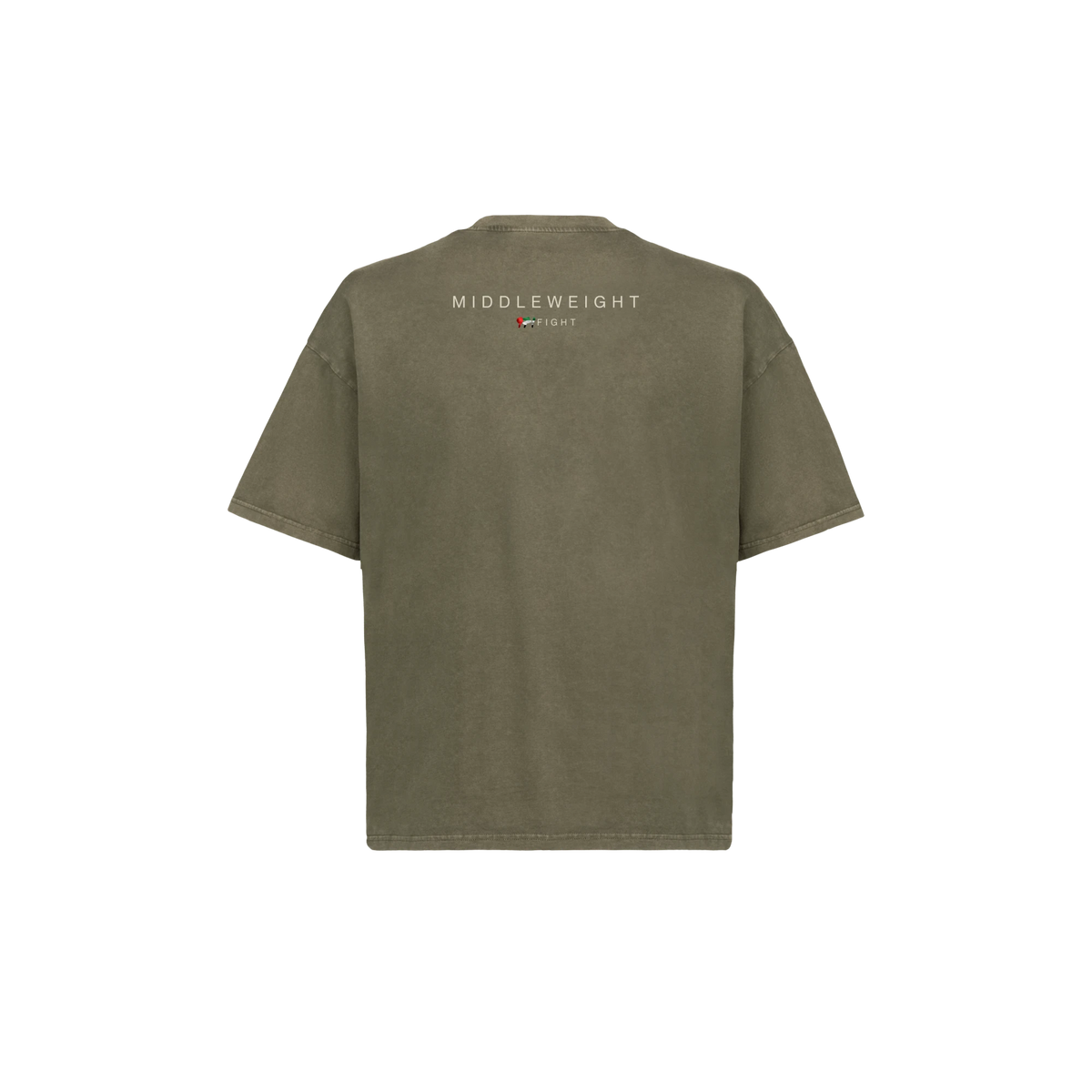 971 Core Tee, Boxy, in Vintage Olive, back, with the weight class print below the collar