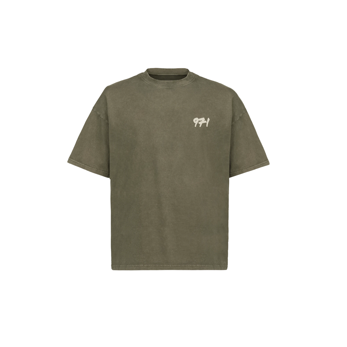 971 Core Tee, Boxy, in Vintage Olive, front, with the sand 971 mark on the left chest