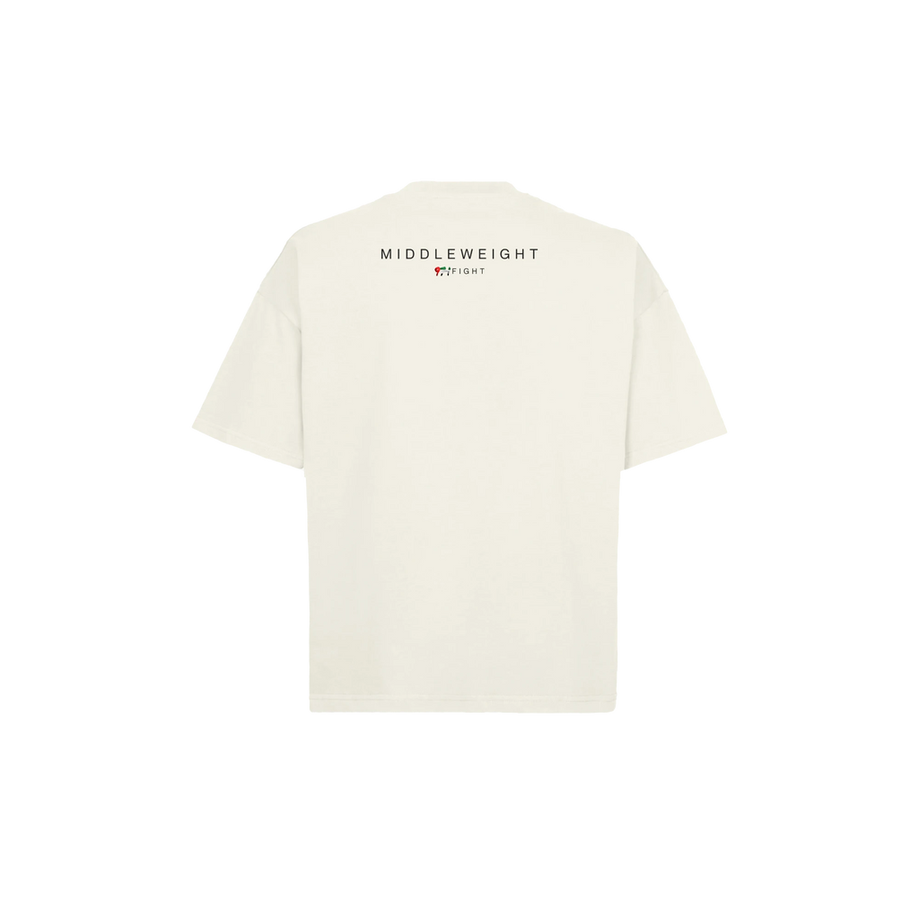 971 Core Tee, Boxy, in Vintage White, back, with the weight class print below the collar