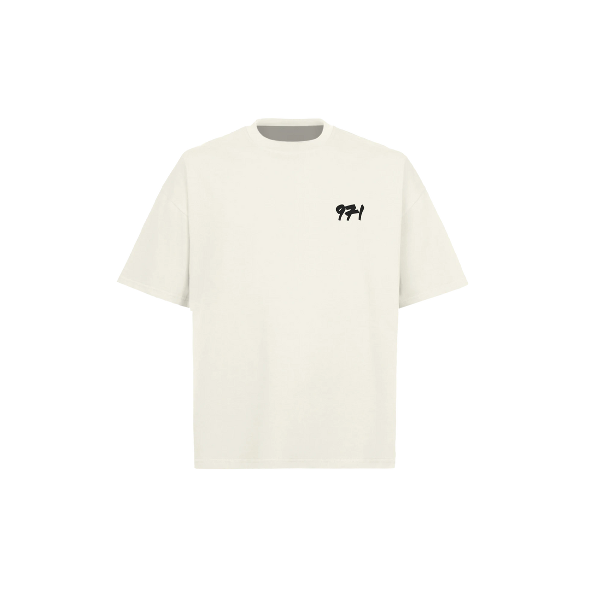 971 Core Tee, Boxy, in Vintage White, front, with the black 971 mark on the left chest