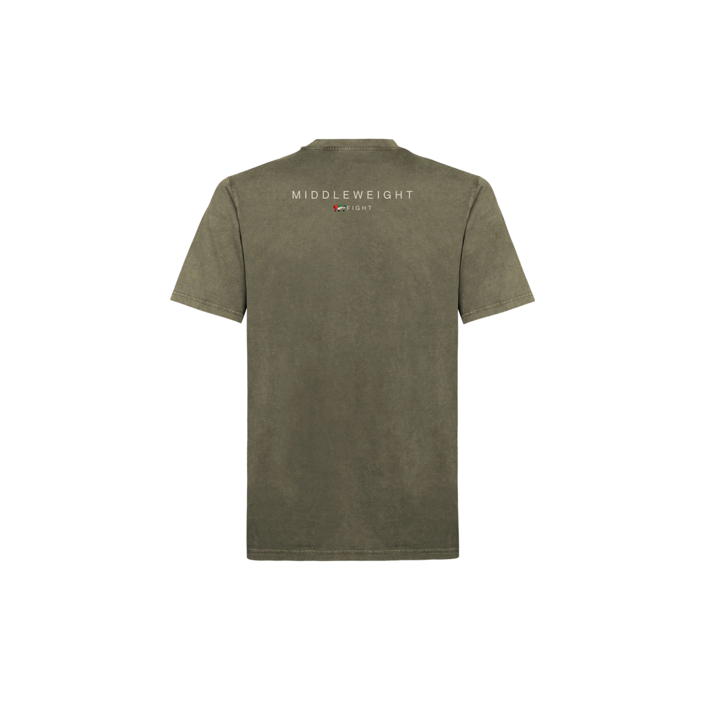 971 Core Tee, Regular, in Vintage Olive, back, with the weight class print below the collar