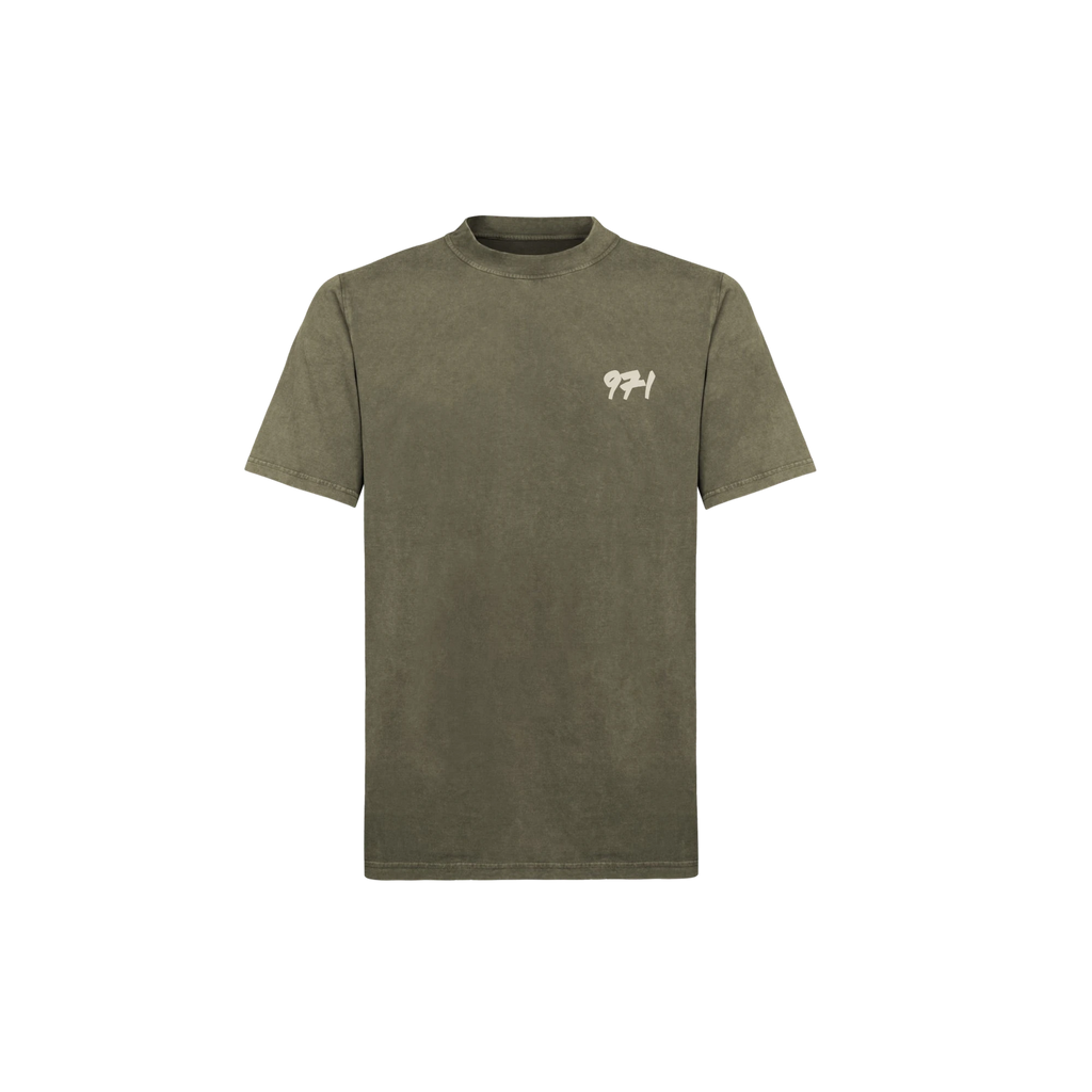 971 Core Tee, Regular, in Vintage Olive, front, with the sand 971 mark on the left chest