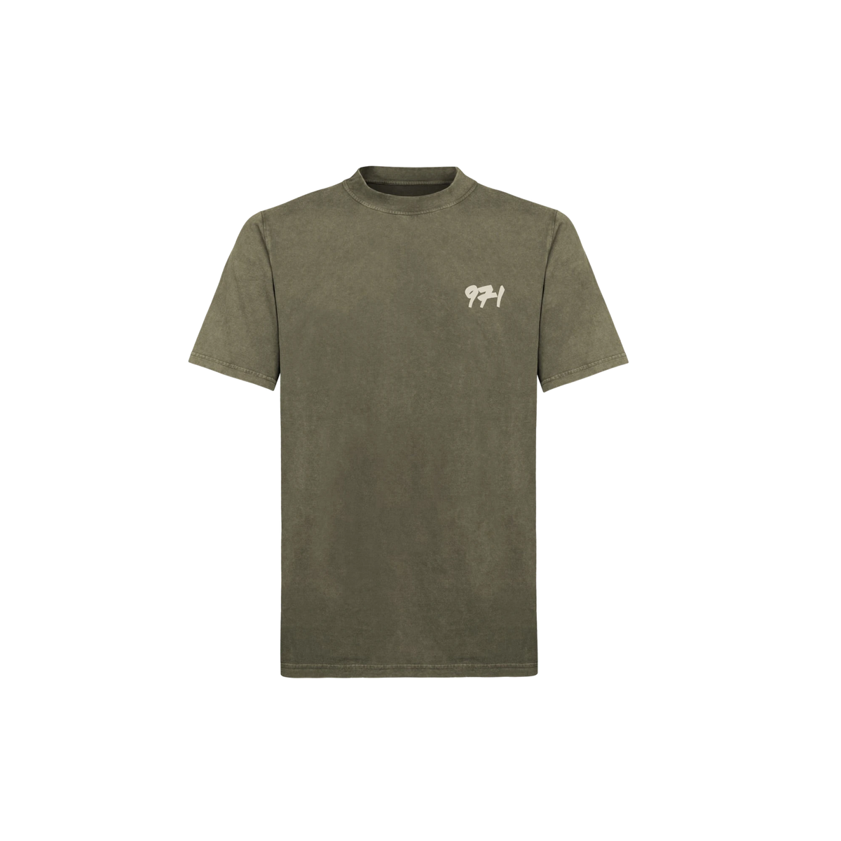 971 Core Tee, Regular, in Vintage Olive, front, with the sand 971 mark on the left chest