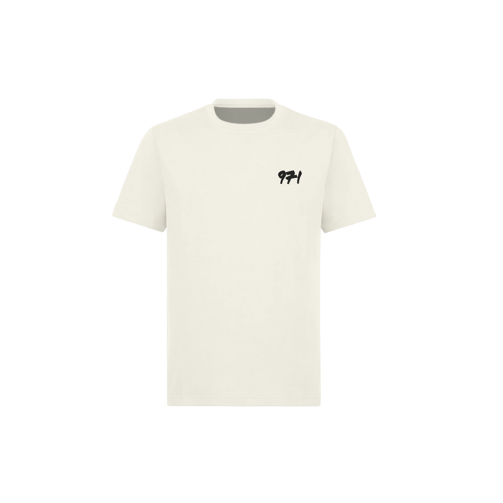971 Core Tee, Regular, in Vintage White, front, with the black 971 mark on the left chest